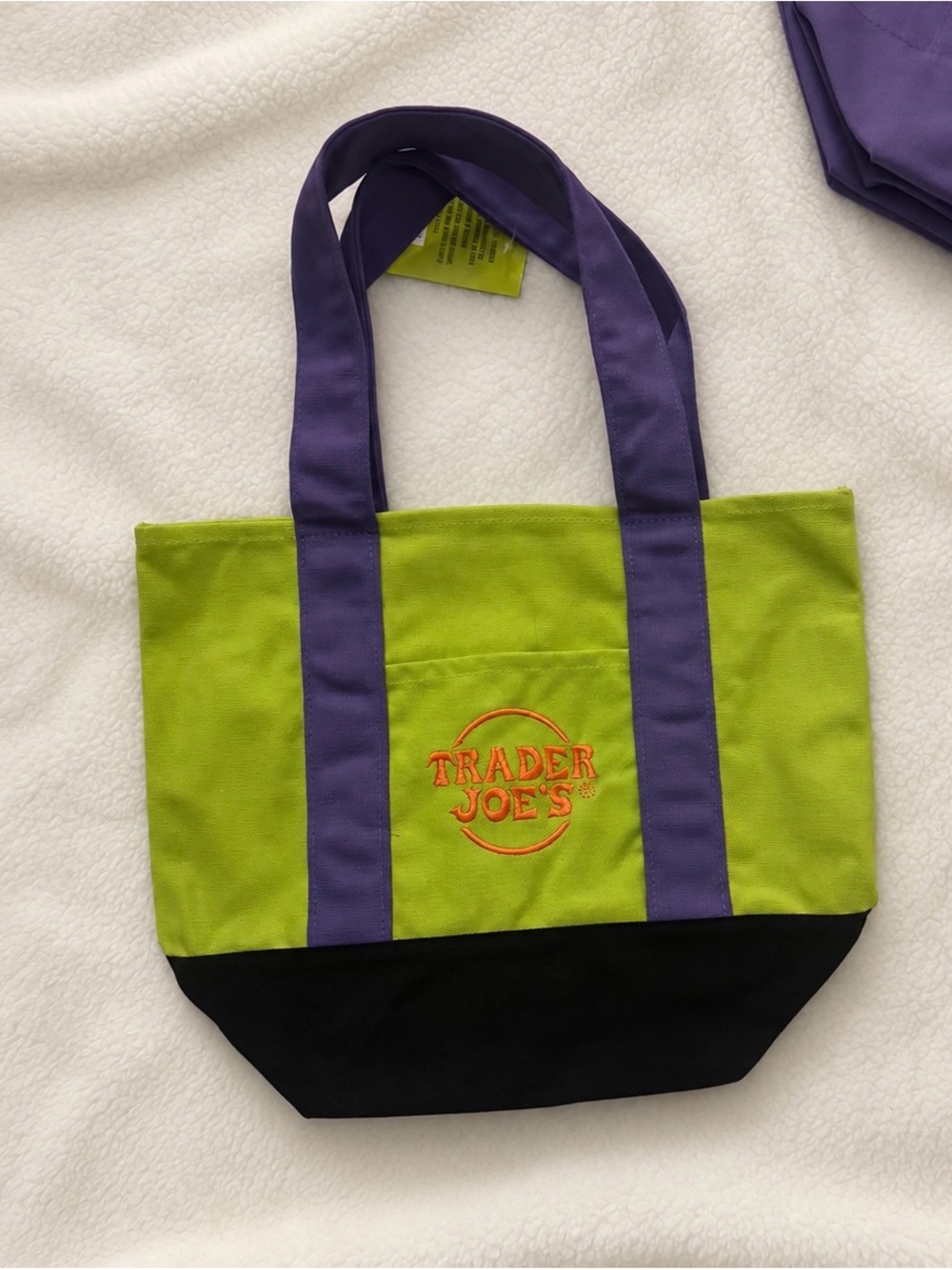 Trader Joe's Lime Green & Purple Canvas Tote with Black Base
